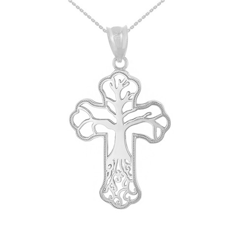 Solid White Gold Tree of Life Cross Filigree Celtic Pendant Necklace