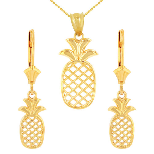 14K Solid Yellow Gold Pineapple Pendant Earring Set