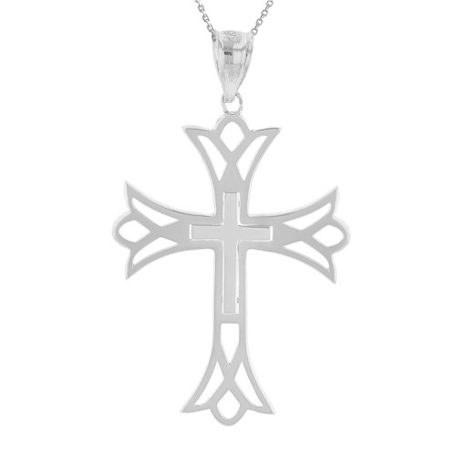 Solid White Gold Layered Cutout Cross Pendant Necklace  (1.82")