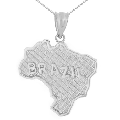 Solid White Gold Country of Brazil Geography Pendant Necklace