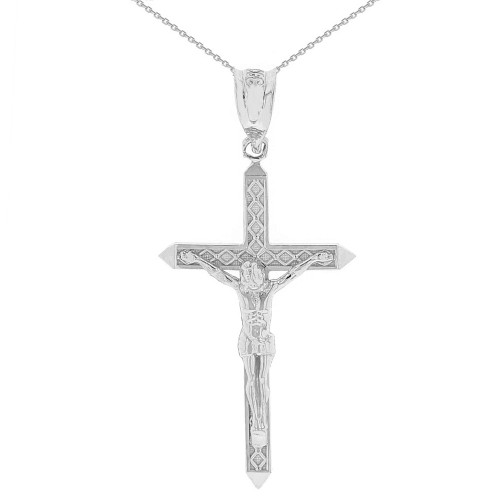 Solid White Gold Passion Cross Crucifix Pendant Necklace 1.40" (35 mm)