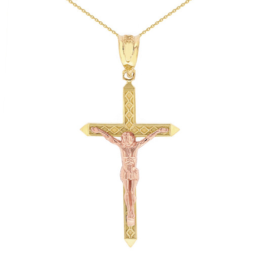 Two Tone Solid Rose and Yellow Gold Passion Cross Crucifix Pendant Necklace 1.40" (35 mm)