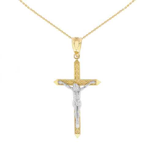 Two Tone Solid Yellow Gold Passion Cross Crucifix Pendant Necklace 1.23" ( 31 mm )