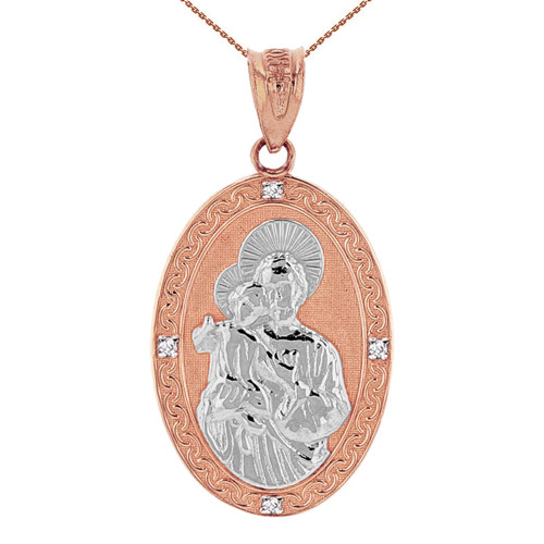 Two Tone Solid Rose Gold Saint Joseph Diamond Oval Medallion Pendant Necklace 1.16" (29 mm)