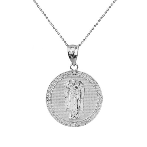Solid White Gold Archangel Saint Gabriel Diamond Medallion Pendant Necklace   1.02"  (25 mm )