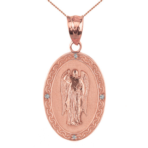 Solid Rose Gold Archangel Saint Gabriel Diamond Oval Medallion Pendant Necklace 1.19" (  30 mm)