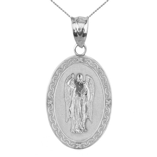 Solid White Gold Archangel Saint Gabriel Diamond Oval Medallion Pendant Necklace 1.19" (  30 mm)