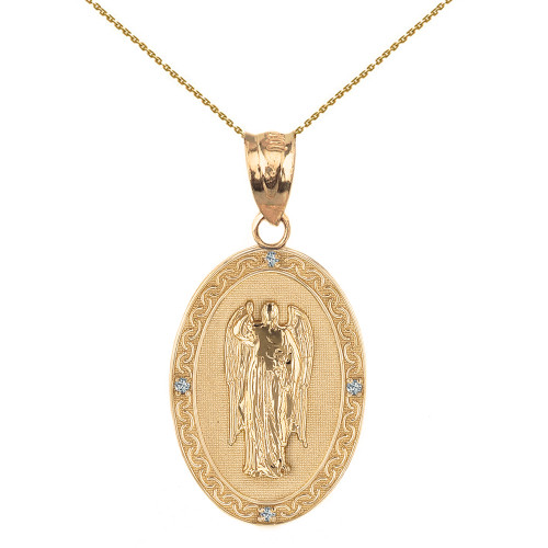 Solid Yellow Gold Archangel Saint Gabriel Diamond Oval Medallion Pendant Necklace  1.02" (25 mm)