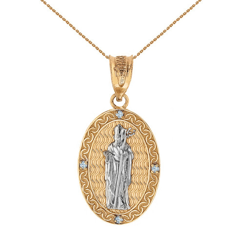 Two Tone Solid Yellow Gold Saint Patrick Diamond Oval Medallion Pendant Necklace 1.03" ( 26 mm)