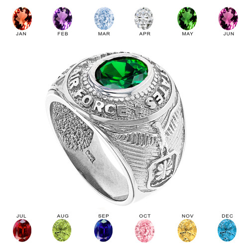 Solid White Gold United States Air Force Men's CZ Birthstone Ring