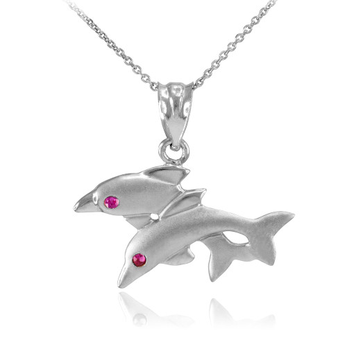 White Gold Red CZ Jumping Double Dolphin Pendant Necklace
