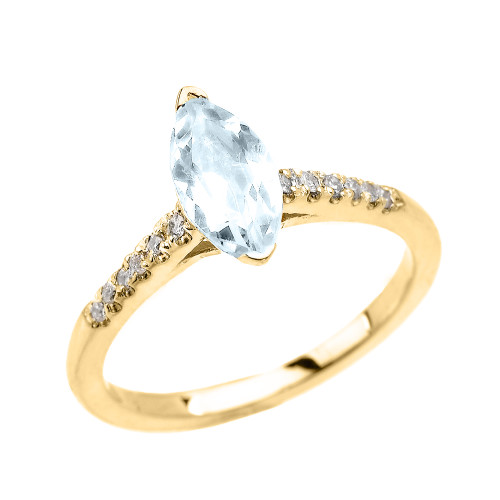 Yellow Gold Dainty Marquise Aquamarine  and Diamond Proposal Ring