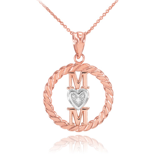 Rose Gold Roped Circle Mom Love Heart with Diamond Pendant Necklace