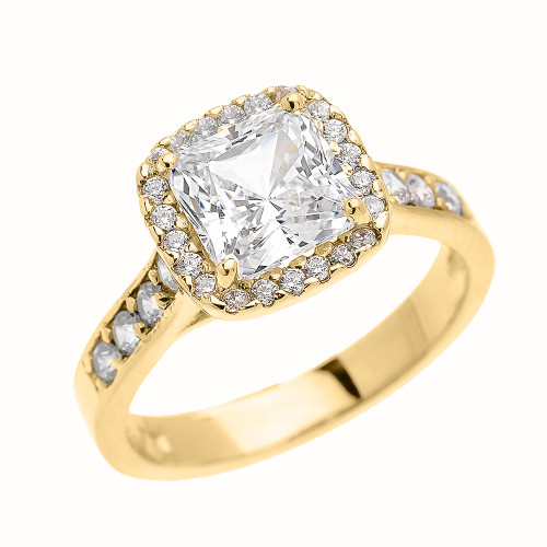 Yellow Gold 3 Carat Princess Cut CZ Halo Solitaire Ring