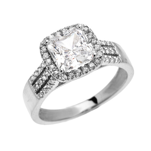 Elegant White Gold 3 Carat Princess Cut CZ Micro-Pave Halo Solitaire Ring