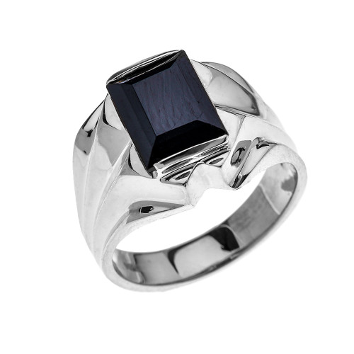 Men's White Gold 4 Carat Black Onyx Bold Solitaire Ring