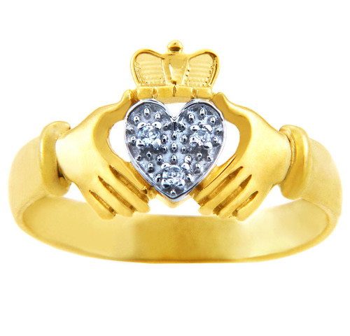 Gold Claddagh Rings - The White Heart Two Tone Gold Claddagh Ring with Diamonds