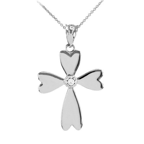 White Gold Solitaire Diamond Heart Cross Pendant Necklace