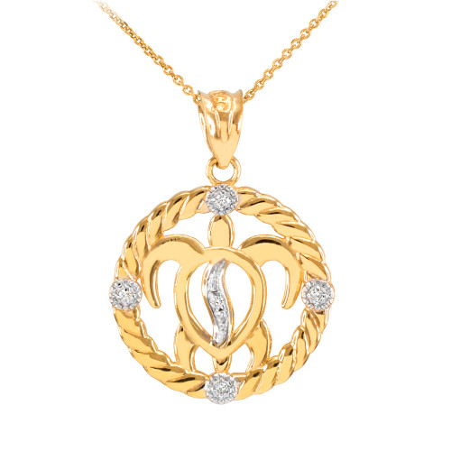 Yellow Gold Roped Circle Diamond-Accented Hawaiian Honu Turtle Pendant Necklace