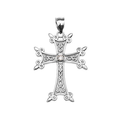 White Gold Elegant Armenian Cross CZ Pendant