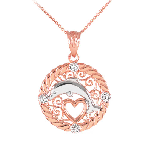 Rose Gold Roped Circle Diamond Jumping Dolphin Heart Filigree Pendant Necklace