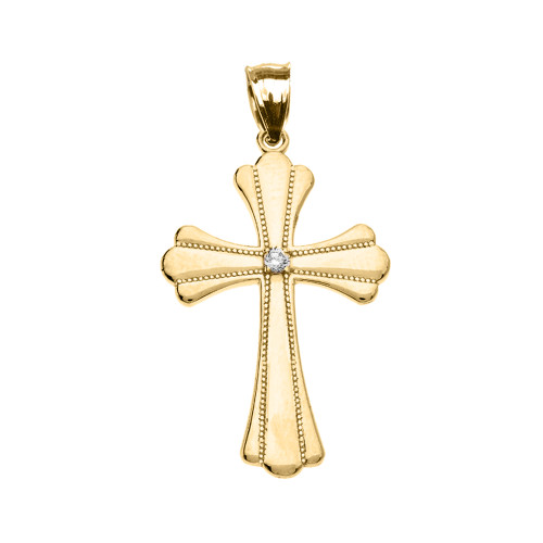 Yellow Gold Solitaire Cubic Zirconia High Polish Milgrain Cross Pendant Necklace