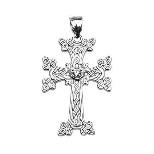 Sterling Silver Armenian Cross Solitaire Diamond Pendant Necklace