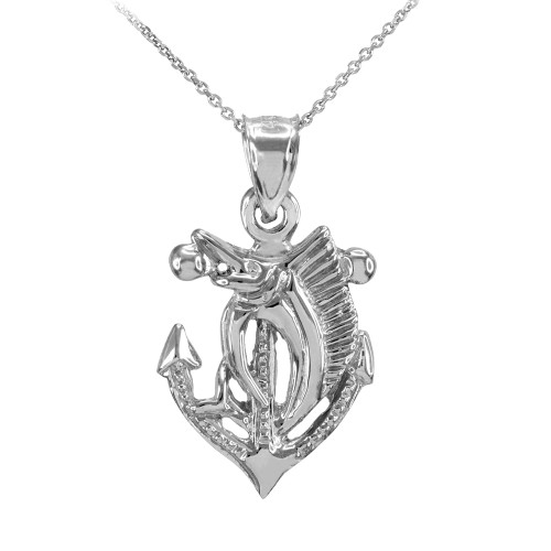 Sterling Silver Anchor Marlin Diamond Cut Pendant Necklace