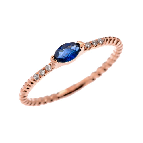 Rose Gold Dainty Solitaire Marquise Sapphire and Diamond Rope Design Engagement/Proposal/Stackable Ring