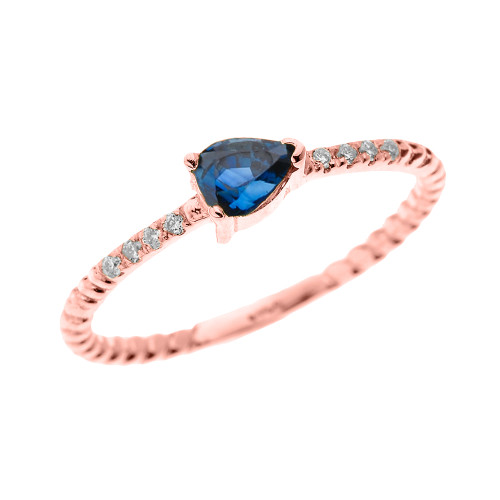 Rose Gold Dainty Solitaire Pear Shape Sapphire and Diamond Rope Design Engagement/Proposal/Stackable Ring