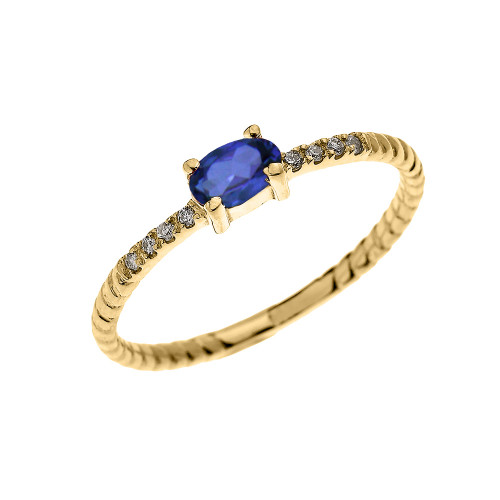 Yellow Gold Dainty Solitaire Oval Sapphire and Diamond Rope Design Engagement/Proposal/Stackable Ring
