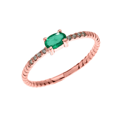 Rose Gold Dainty Solitaire Oval Emerald and Diamond Rope Design Engagement/Proposal/Stackable Ring