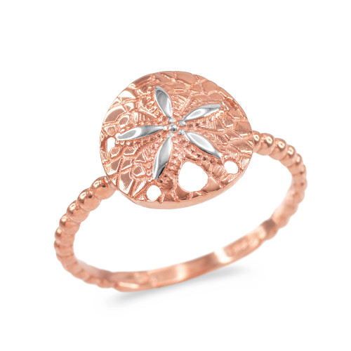 Two-Tone Rose and White Gold Beaded Band Sand Dollar Ring