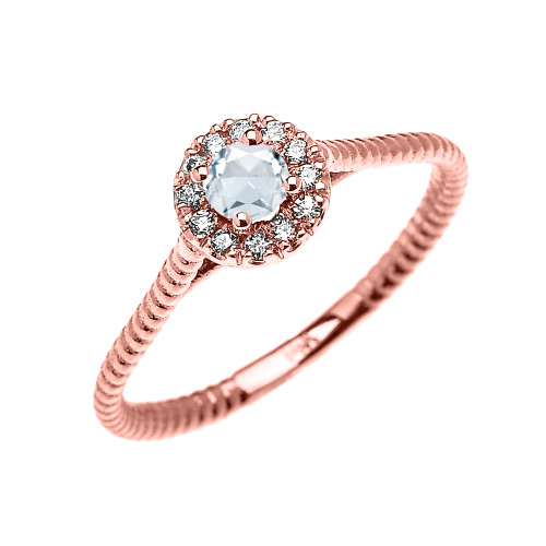 Rose Gold Dainty Halo Diamond and Aquamarine Solitaire Rope Design Promise Ring