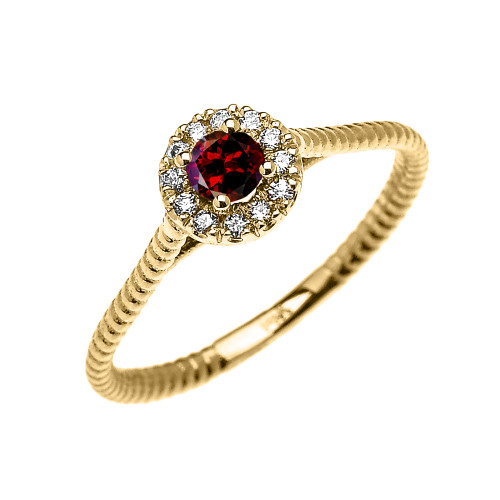 Yellow Gold Dainty Halo Diamond and Garnet Solitaire Rope Design Promise Ring