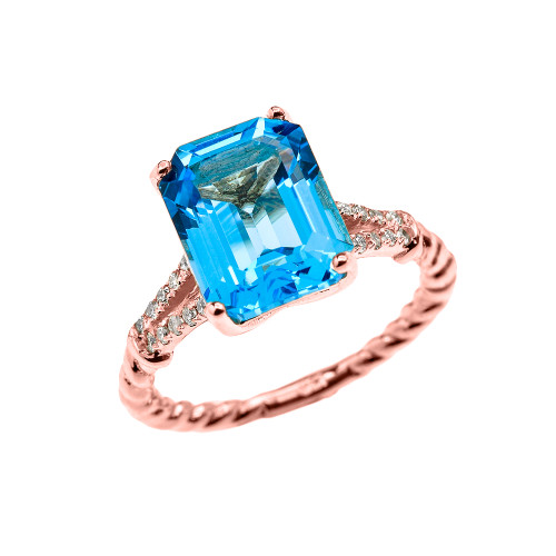 Rose Gold Dainty Emerald Cut Blue Topaz and Diamond Solitaire Rope Design Engagement/Promise Ring