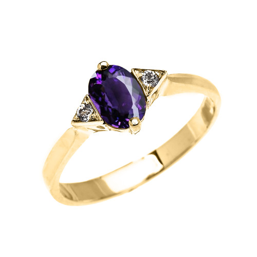 Yellow Gold Solitaire Oval Amethyst and White Topaz Engagement/Promise Ring