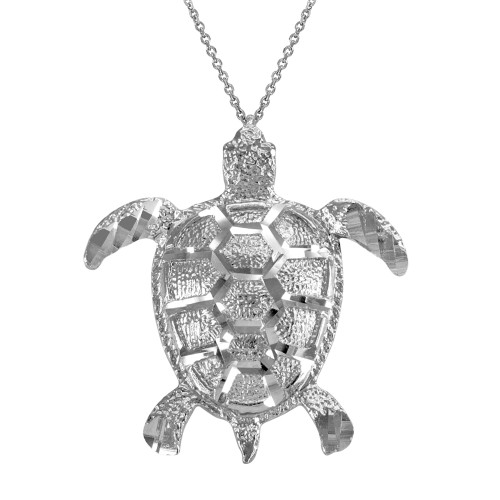 Sterling Silver Textured Style Sea Turtle Pendant Necklace
