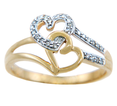 Ladies Rings - Two Tone Gold Joined Hearts with Diamonds Ring