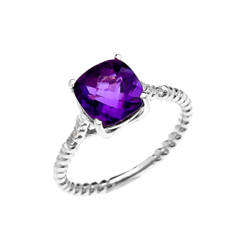 White Gold Dainty Solitaire 2 Carat Cushion Checkerboard Amethyst and Diamond Rope Design Engagement/Promise Ring