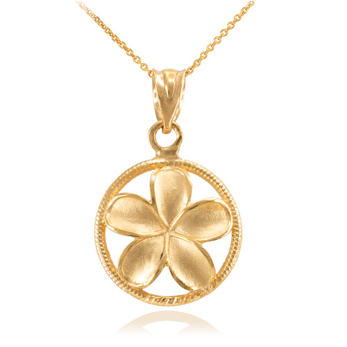Gold Roped Circle Hawaiian Plumeria Flower Charm Pendant Necklace