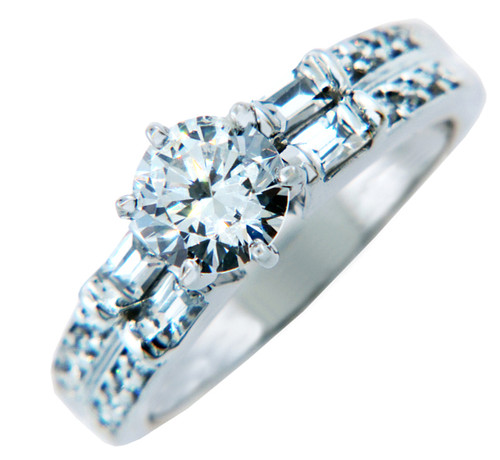Ladies Solitaire CZ Engagement White Gold Ring with Baguettes