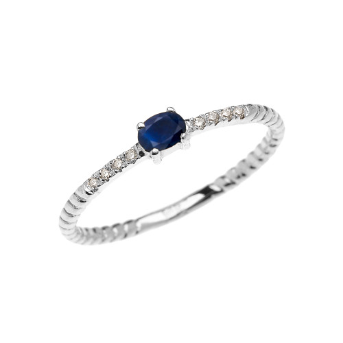 White Gold Dainty Solitaire Sapphire and Diamond Rope Design Promise Ring