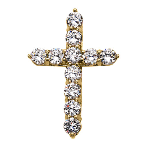 Yellow Gold Elegant 12 Carat Round Cubic Zirconia Cross Pendant Necklace (Extra Large)