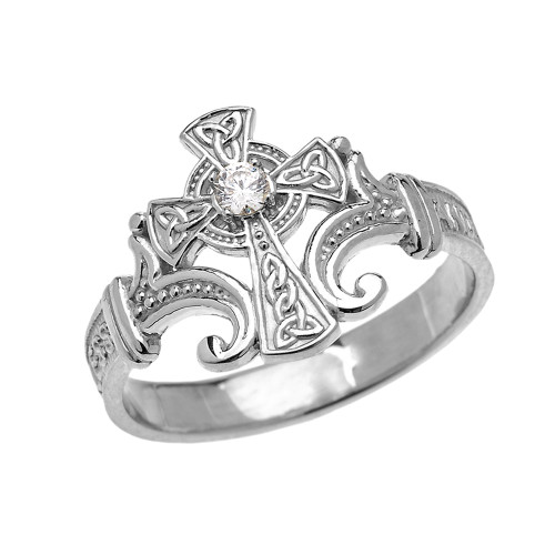 White Gold Solitaire Cubic zirconia Celtic Cross with Encrypted Prayer Blessings Elegant Ring