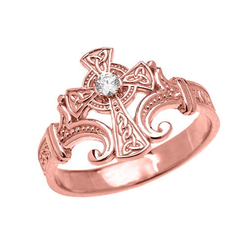 Rose Gold Solitaire Diamond Celtic Cross with Encrypted Prayer Blessings Elegant Ring
