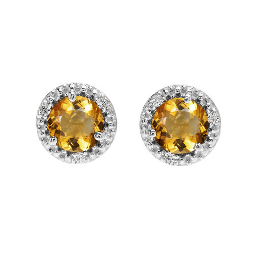 Halo Stud Earrings in White Gold with Solitaire Citrine and Diamonds