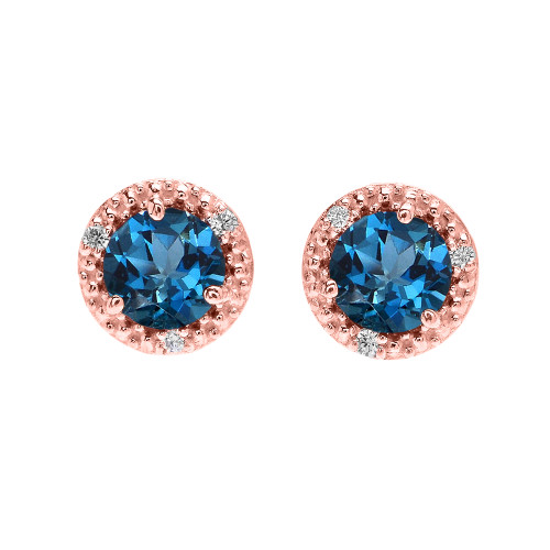 Halo Stud Earrings in Rose Gold with Solitaire London Blue Topaz and Diamonds