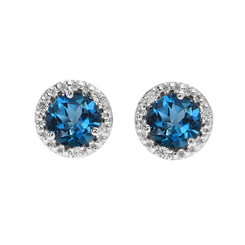 Halo Stud Earrings in White Gold with Solitaire London Blue Topaz and Diamonds