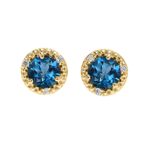 Halo Stud Earrings in Yellow Gold with Solitaire London Blue Topaz and Diamonds